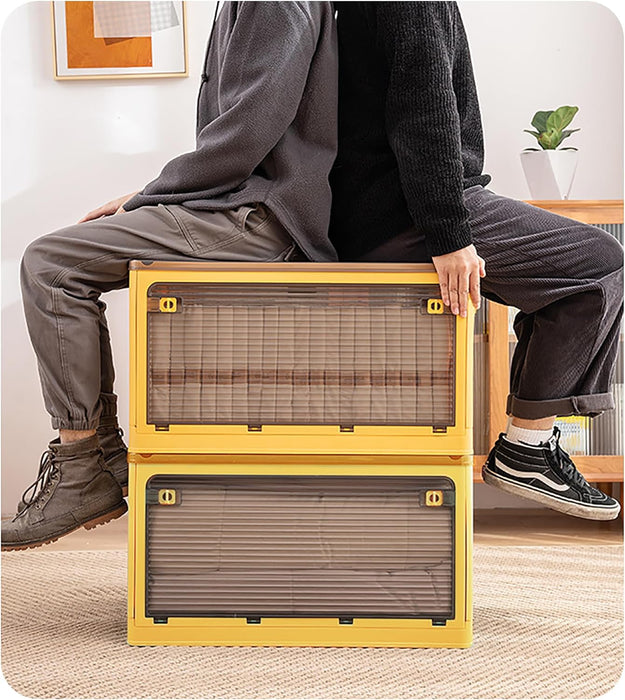 Folding Storage Bins, 28 Liters, 2 Pcs Green Plastic Storage Containers with Wheels, Four Doors, Foldable, Stackable, Plastic Box with Lids for Organization, Storage Cart