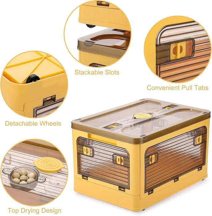 Folding Storage Bins, 28 Liters, 2 Pcs Green Plastic Storage Containers with Wheels, Four Doors, Foldable, Stackable, Plastic Box with Lids for Organization, Storage Cart