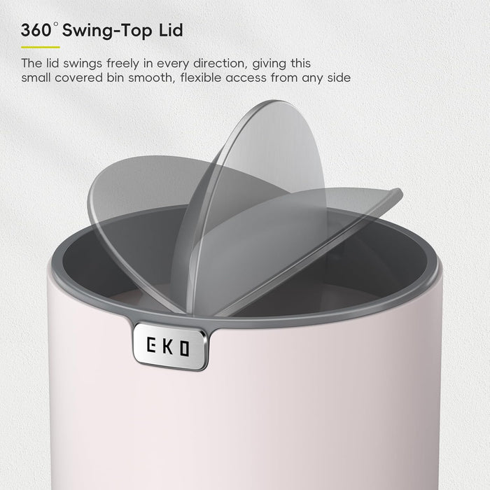 EKO 1.5L Mini Desk Bin with Swing-Top Lid,Small Round Tabletop Rubbish Bin and Storage Pot for Stationery, Makeup and Small Waste, Desktop Bin for Office, Home or Car (Pink)