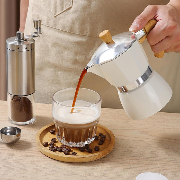 Moka Pot Set – 7-Piece  Stovetop Coffee Maker Percolator Pot Stovetop Espresso Maker with Electric Stove, Manual Coffee Grinder, Coffee Distributor, Measuring Spoon, Storage Jar & Filter Papers – Complete Coffee Gift Set for Home & Travel