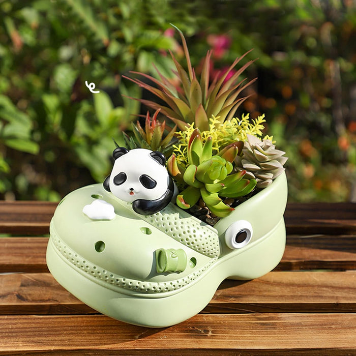 ONEIN Cartoon Panda Flower Pot – Novelty Mini Shoe-Shaped Planter, Succulent Planter with Drainage, Cute Indoor & Outdoor Plant Decor for Windowsill, Balcony, Home, Garden, and Office, Green