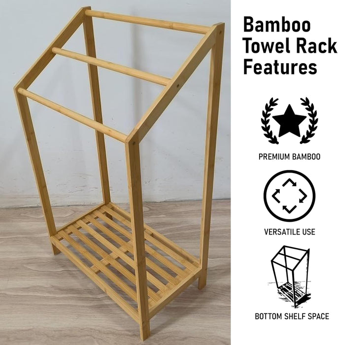 Bamboo Towel Rack - Freestanding Bamboo Bathroom Towerl Shelf with 3-Tier Rail for Bath Towels & Blankets – Minimalist Look – Fits Over Bath Mat, Ideal for Bathroom