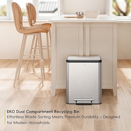 EKO Ecocasa Recycling Kitchen Bin 15+15Litre, Pedal Rubbish Bin with Two Removable Inner Buckets, Perfect for Kitchen & Home, Stainless Steel