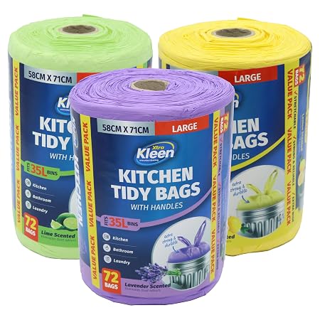 Garbage Bags Assorted Scents Kitchen Tidy with Handle Bulk 35L - 72pk - 58cm x 71cm - Lavender, Lemon, Lime