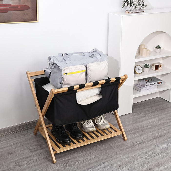 Bamboo Luggage Rack with black band, laundry bag for guest room, hotels