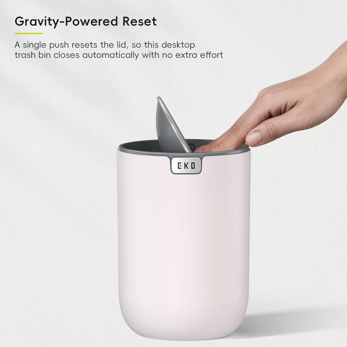 EKO 1.5L Mini Desk Bin with Swing-Top Lid,Small Round Tabletop Rubbish Bin and Storage Pot for Stationery, Makeup and Small Waste, Desktop Bin for Office, Home or Car (Pink)