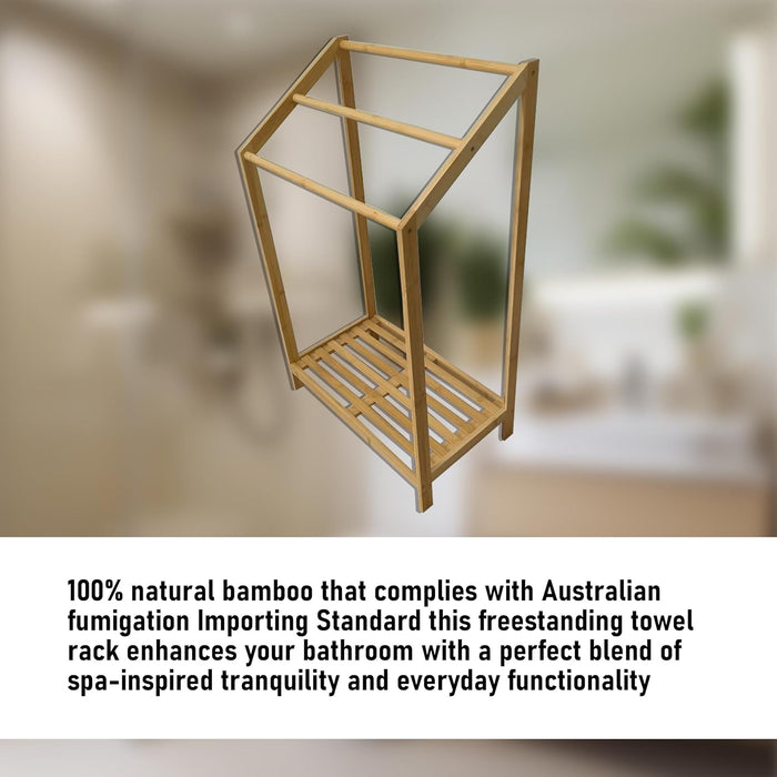 Bamboo Towel Rack - Freestanding Bamboo Bathroom Towerl Shelf with 3-Tier Rail for Bath Towels & Blankets – Minimalist Look – Fits Over Bath Mat, Ideal for Bathroom