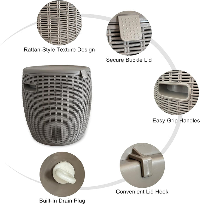 Rattan Outdoor Storage Stool, Outdoor Furniture, 37L, Ice Cooler, Wicker Round Ice Chest, Outdoor Patio Bar Table, Beverage Bucket with Drain Plug for Poolside, Deck, Party, and BBQ