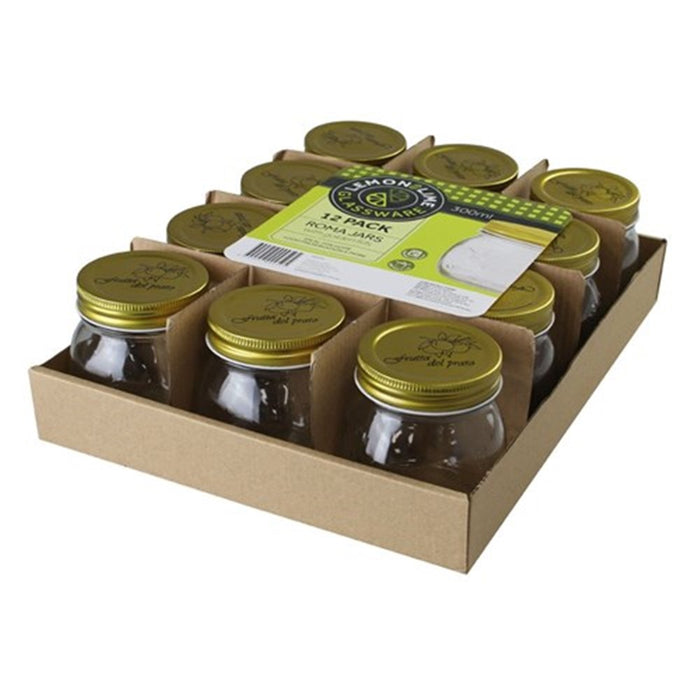 Lemon & Lime ROMA GLASS CONSERVE JARS 12PK TRAY 300ML GOLD LIDS 8.5X8.5X9CM