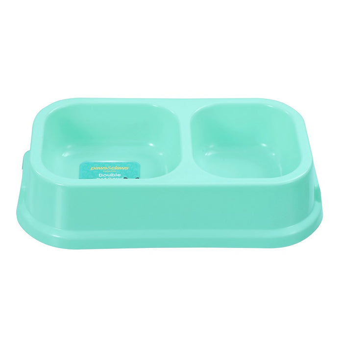 Paws & Claws PET ESSENTIALS DUAL PET BOWL SMALL SQ 24.5X14.5X5.5CM GREY BLUE AQUA