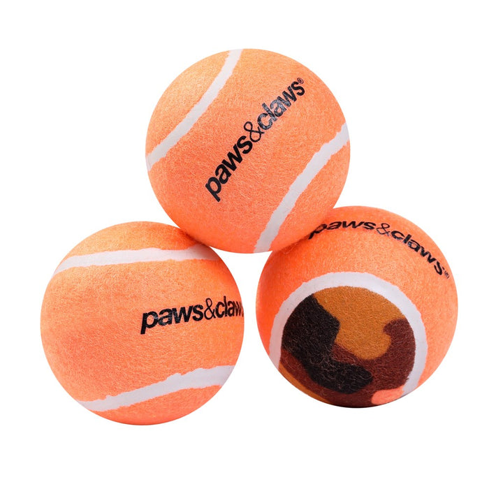 Paws & Claws TENNIS BALLS 3PK 6CM COLOURS + CAMO PRINT