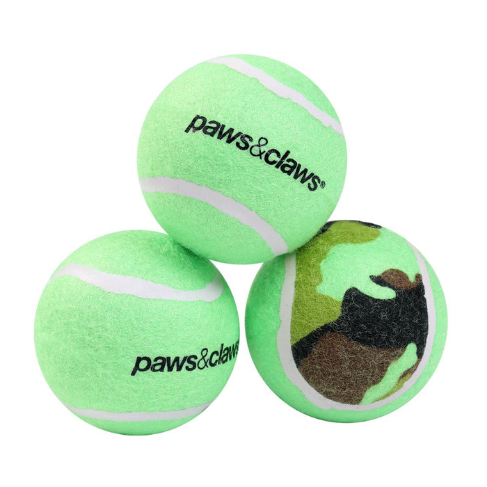 Paws & Claws TENNIS BALLS 3PK 6CM COLOURS + CAMO PRINT