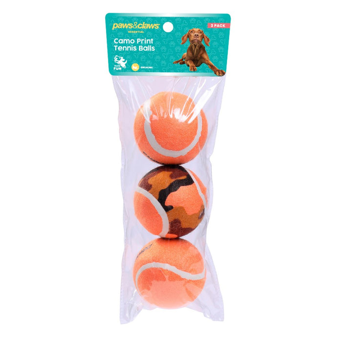 Paws & Claws TENNIS BALLS 3PK 6CM COLOURS + CAMO PRINT