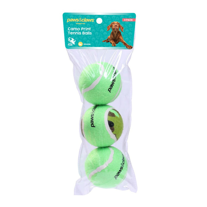 Paws & Claws TENNIS BALLS 3PK 6CM COLOURS + CAMO PRINT