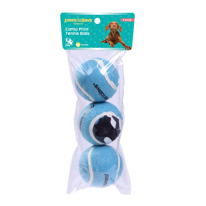 Paws & Claws TENNIS BALLS 3PK 6CM COLOURS + CAMO PRINT