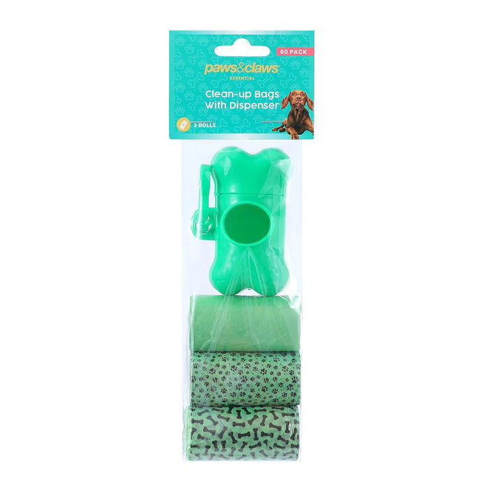 Paws & Claws CLEAN UP BAGS + DISPENSER 3 ROLLS / 60 BAGS 31.5X22CM PRINTED