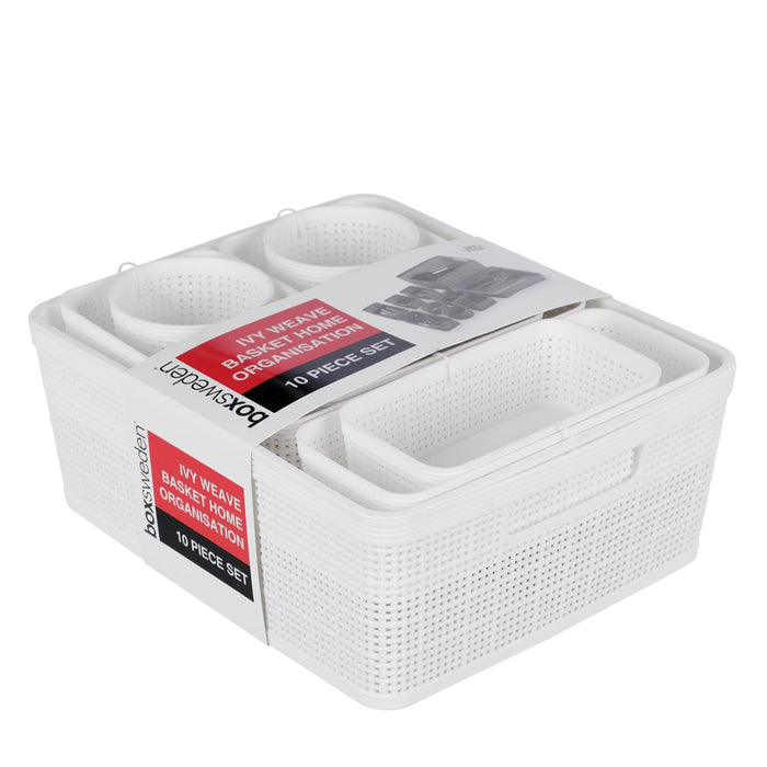 Boxsweden Ivy Weave Basket 10Pc Home Organisation Set White