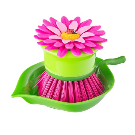 Flower Power Pink Palm Dish Brush With Holder