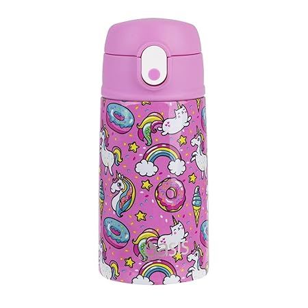 S/S D/WALL INS. KID'S DRINK BOTTLE W/ SIPPER STRAW 400ML UNICORNS