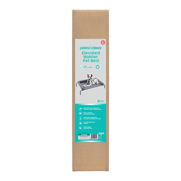 Paws & Claws ELEVATED PET BOLSTER BED 122X72X29CM GREY