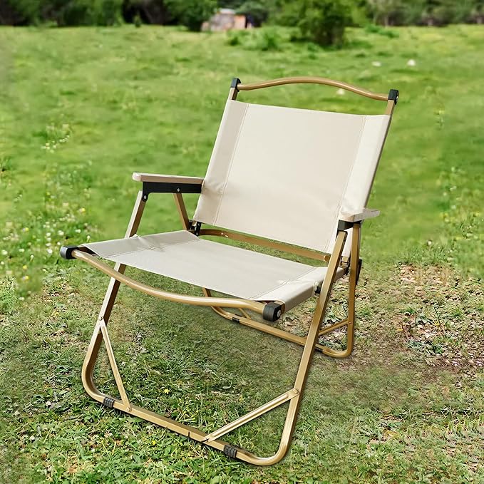 Folding Camping Chair - Lightweight, Portable & Sturdy with Wooden Armrests - Durable Outdoor Chair Camp Seat for Adults, Beach, Picnic, and Patio (Khaki)