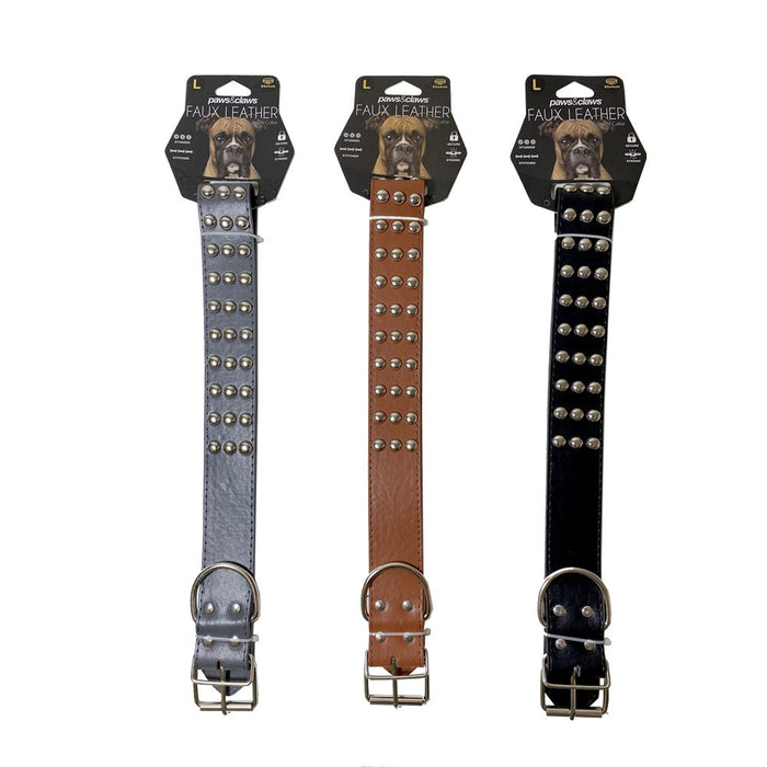 Paws & Claws FLAT STUDDED LEATHER-LOOK DOG COLLAR 60/65/70X4CM SIZES, COLOURS