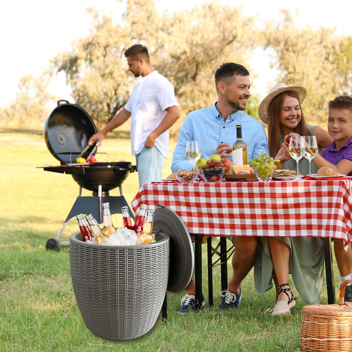 Rattan Outdoor Storage Stool, Outdoor Furniture, 37L, Ice Cooler, Wicker Round Ice Chest, Outdoor Patio Bar Table, Beverage Bucket with Drain Plug for Poolside, Deck, Party, and BBQ