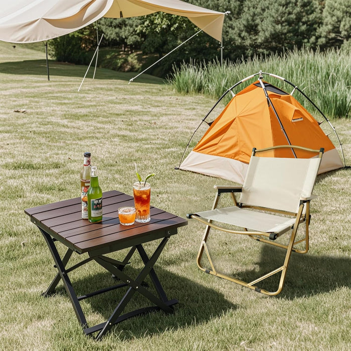 Folding Camping Chair - Lightweight, Portable & Sturdy with Wooden Armrests - Durable Outdoor Chair Camp Seat for Adults, Beach, Picnic, and Patio (Khaki)