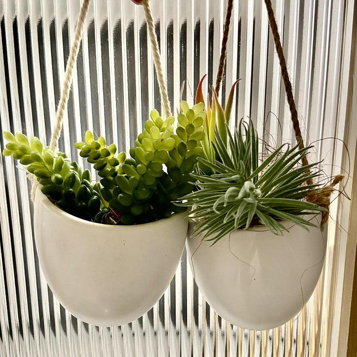 ONEIN Wall Planters Hanging Ceramic Plant Pots 2 Pieces, Hanging Planter Wall Decoration for Indoors, Balcony and Garden - White (Matte)