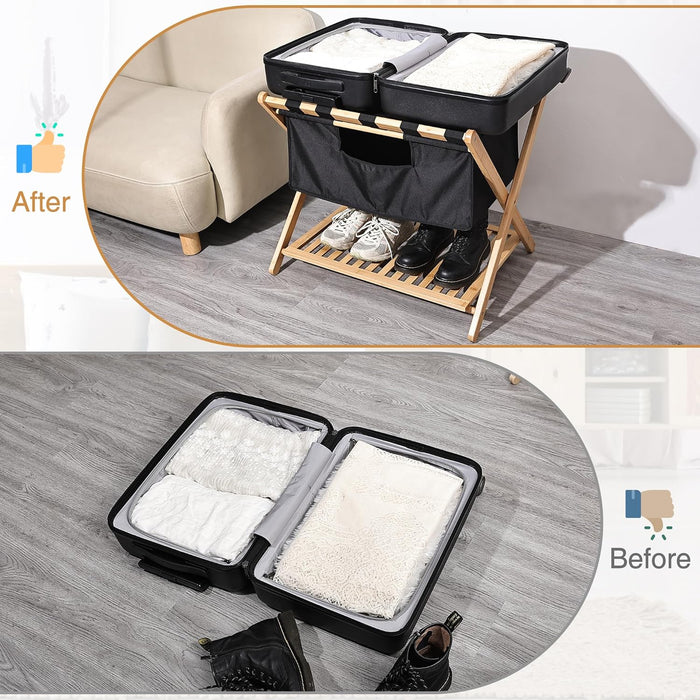 Bamboo Luggage Rack with black band, laundry bag for guest room, hotels