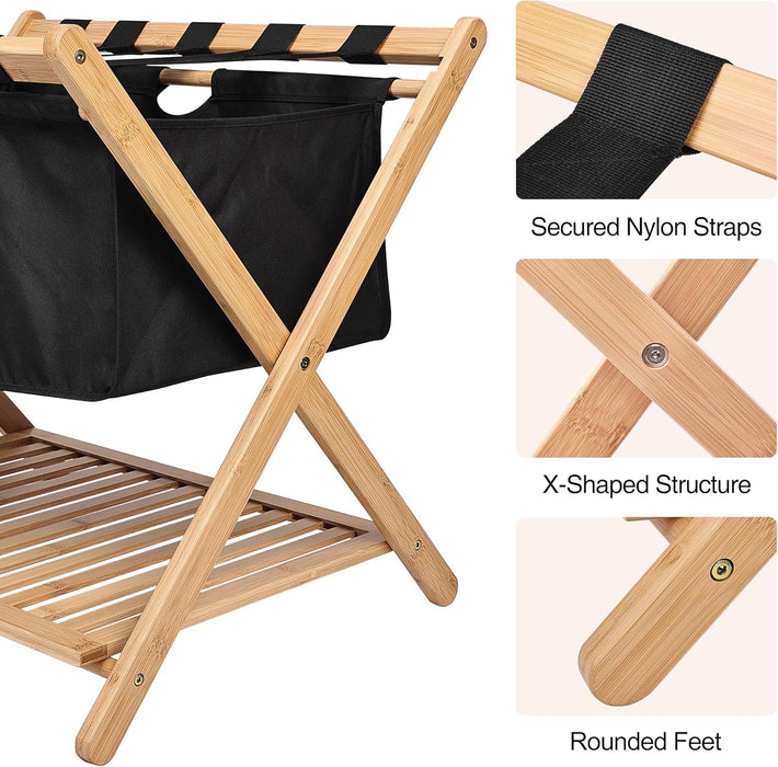 Bamboo Luggage Rack with black band, laundry bag for guest room, hotels