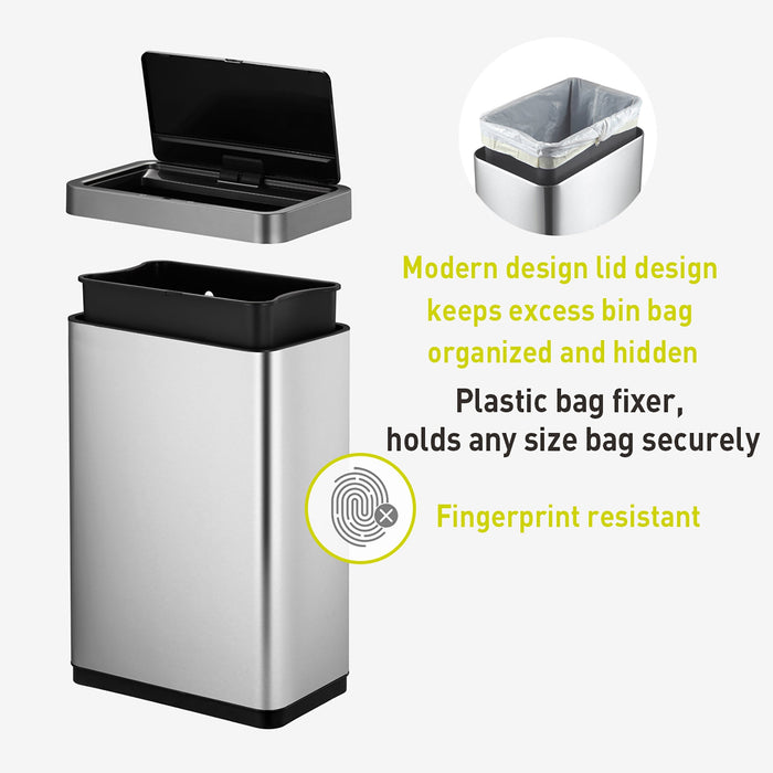 Mirage-X Sensor Can with Liner – 47L / 12.4 Gal Touchless Rectangular Motion Sensor Trash Can with Removable Liner, Brushed Stainless Steel Finish