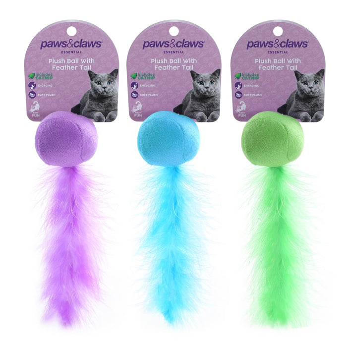Paws & Claws PLUSH BALL W/ FEATHER TAIL CAT TOY 20X5CM