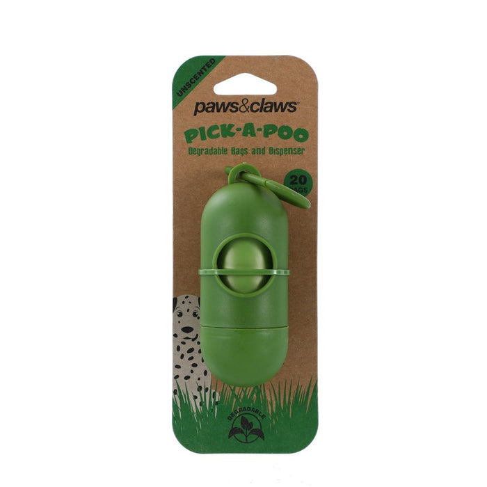 Paws & Claws PICK-A-POO DEGRADABLE WASTE BAGS 20PK + DISPENSER 22X32CM UNSCENTED 10UM