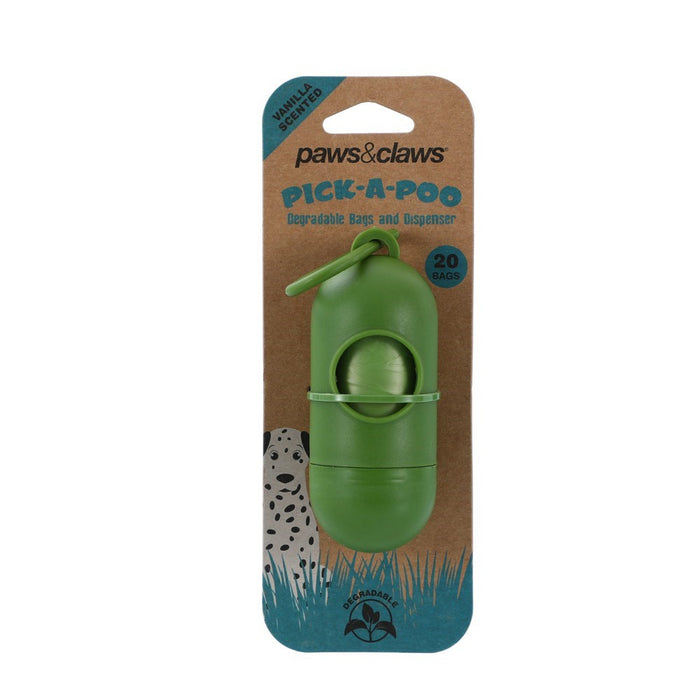 Paws & Claws PICK-A-POO DEGRADABLE WASTE BAGS 20PK + DISPENSER 22X32CM VANILLA SCENTED 10UM