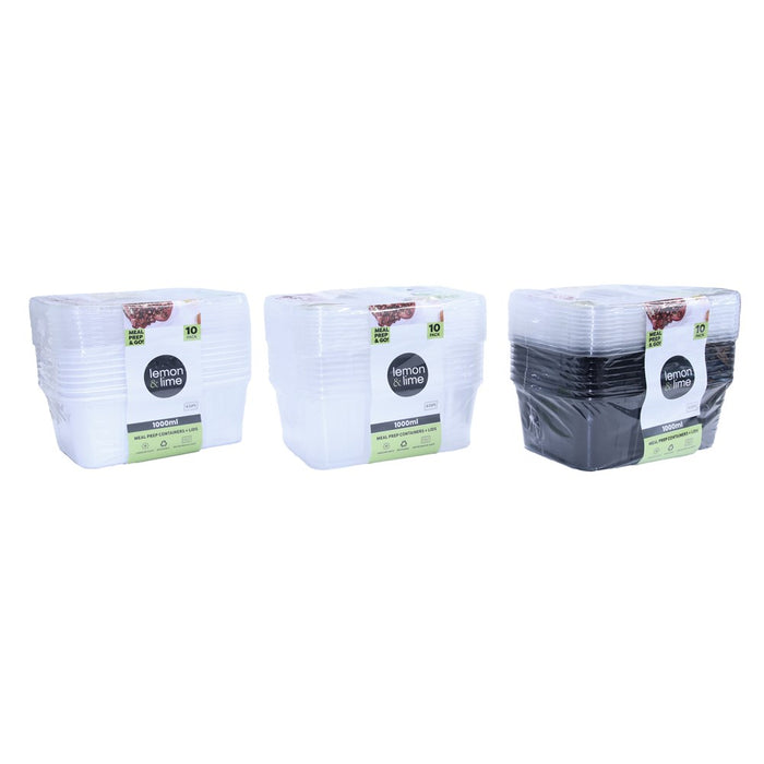 Lemon & Lime PREMIUM REUSABLE CONTAINERS 10PK 1L CLEAR BODY & CLEAR LID