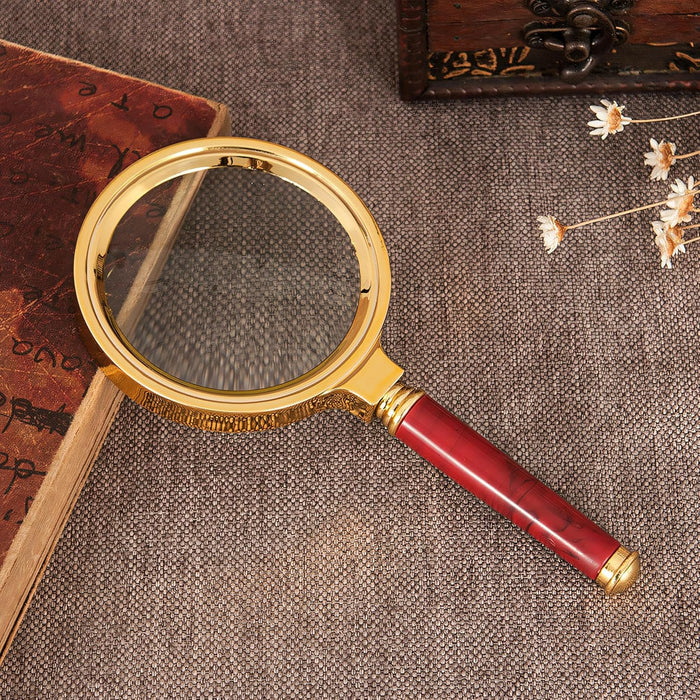 ONEIN Vintage Gold Magnifying Glass – 5X Handheld Magnifier with Clear Optical Lens & Elegant Wooden Handle, Perfect for Reading, Hobbies, Seniors, Inspection, and Insects