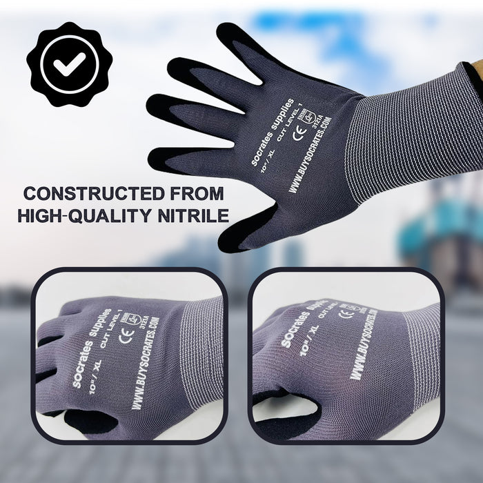 13 Gauge Nitrile Gloves Sand Dip Size 10 XL Black Grip - 24 Pairs Set