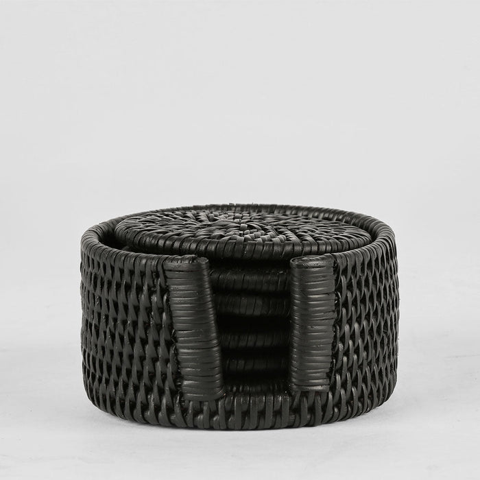 Paume Rattan Round Coaster Set 6 Black
