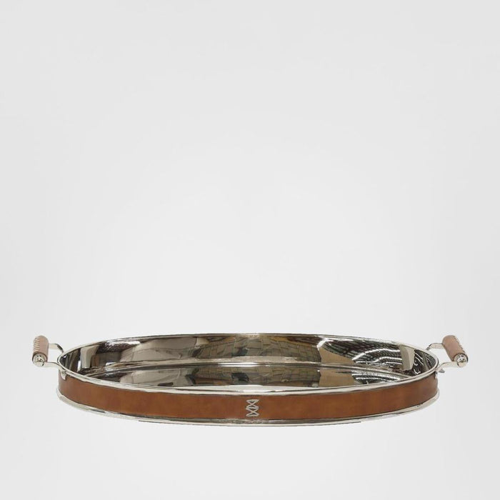 Verona Oval Tray Leather Brown and Silver