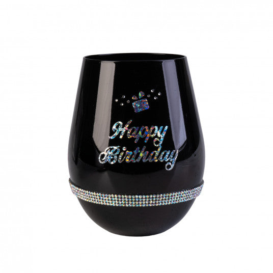 Happy Birthday Black Luxe Stemless Wine Glass