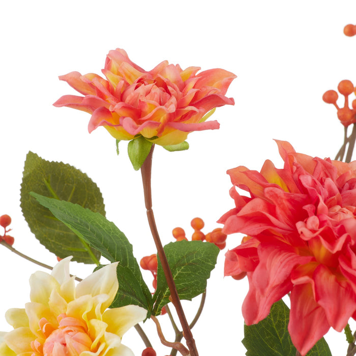 NSIMG-SHA256:67932f68856458ec4950a94a0548cb9cb5dc66b2f28a61d46ab31ea160f836fc · Isalbi Rogue Dahlia Dewberry Mix - Clear Glass Vase Orange & Yellow