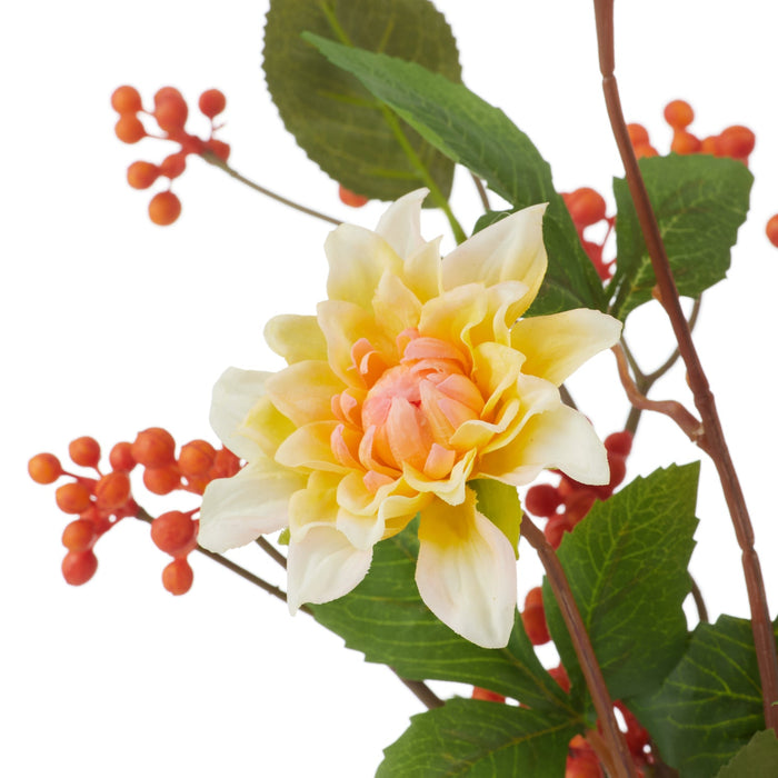NSIMG-SHA256:0e7d0270ac7f340fe1a9ccfdc5c73d3a86de2af8c31e8aacf79c2e61f6241336 · Isalbi Rogue Dahlia Dewberry Mix - Clear Glass Vase Orange & Yellow