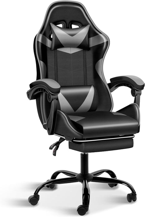 Ergonomic Gaming Chair with Footrest, Lumbar Support and Adjustable Headrest, High Back PU Leather Reclining Office Chair
