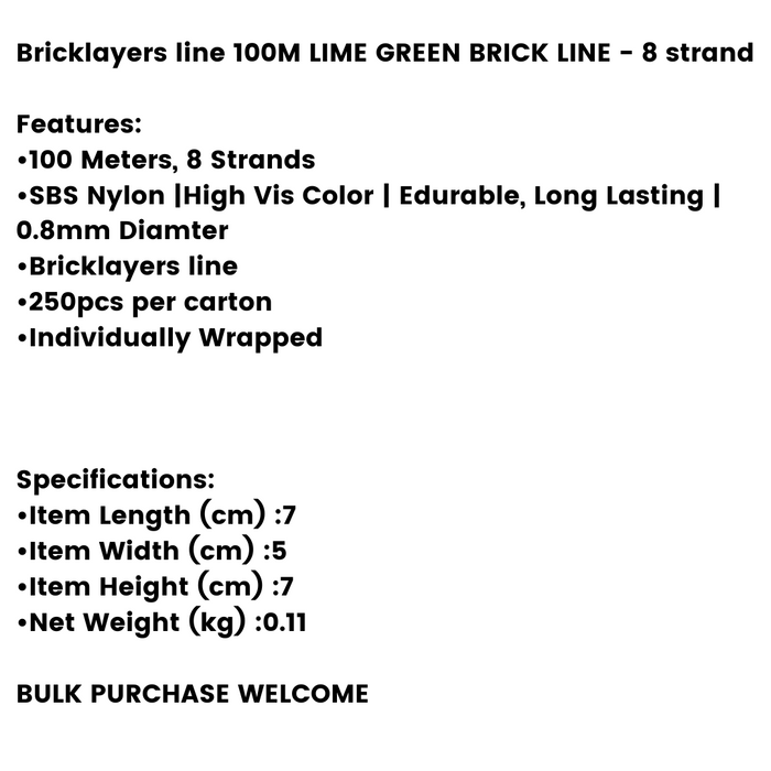No.8 100M Brick Line Green HiVis- 8 Strand Nylon brickline Builders Line & Pavers, High Vis and construction home use