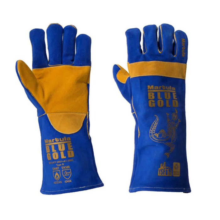 Martula Blue & Gold Premium Leather Welder Gloves G906 - Reinforced Protection & Fleece Lining