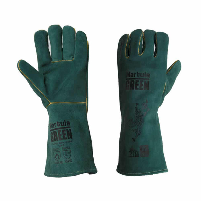 Martula Green Premium Leather Left-Hand Welder Gloves G908 - Fleece Lined and Kevlar Sewn