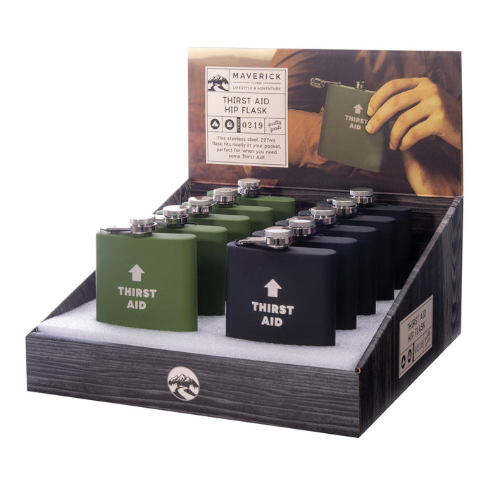NSIMG-SHA256:54ae8357d4b18b24ded1faae867fad5edcada523bee271107f09897159257d60 · Isalbi Maverick Thirst Aid Hip Flask CDU 12pcs/2 Assorted