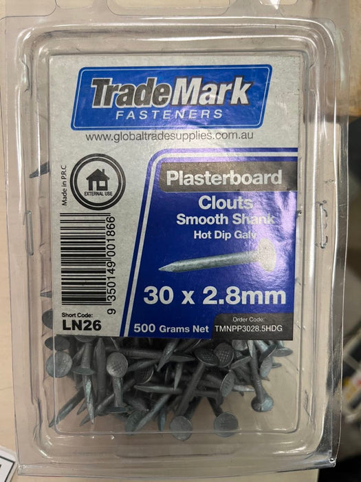 trademark plasterboard clouts plain shank 30 x 2.80mm galv 500 gram