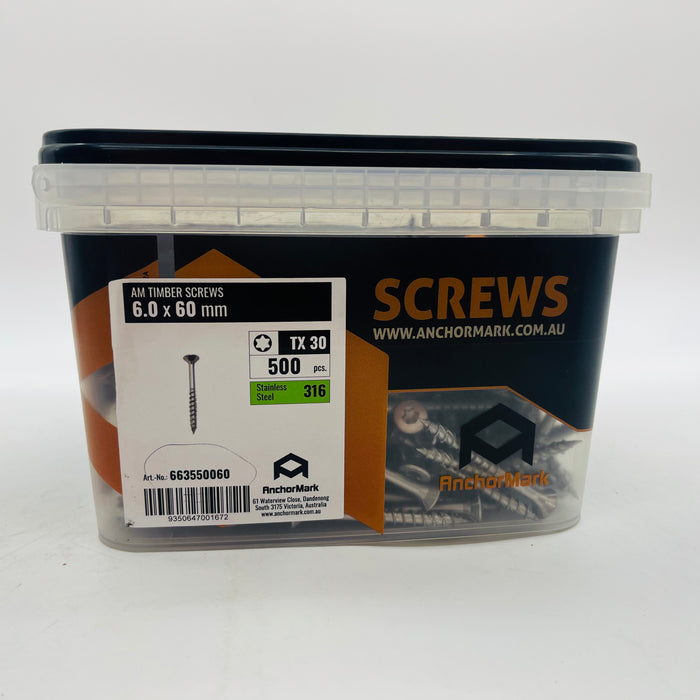 AnchorMark All Timber Screws A4 316 6.0x60mm Stainless Steel TX30  (QTY 500)